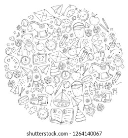Kindergarten Vecto pattern with toys and items for education.