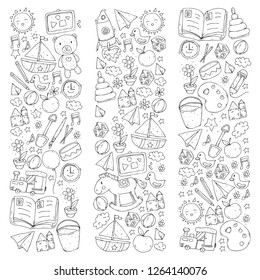 Kindergarten Vecto pattern with toys and items for education.