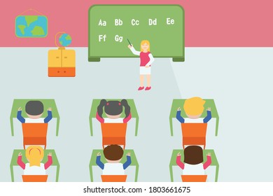 Kindergarten vector concept: beautiful teacher teaching and pointing at letters to all of her kindergarten students