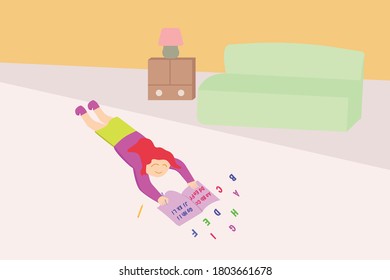 Kindergarten vector concept: happy adorable girl reading and studying letters happily in the living room