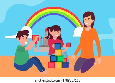 Kindergarten vector concept: toddlers playing colorful bricks with their teacher