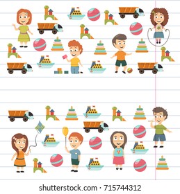 Kindergarten Vector flat icons for advertising brochure. Ready for your designs. Children play. Kindergarten kids with toys. Funny cartoon character. Vector illustration