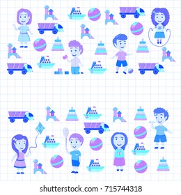 Kindergarten Vector flat icons for advertising brochure. Ready for your designs. Children play. Kindergarten kids with toys. Funny cartoon character. Vector illustration