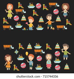Kindergarten Vector flat icons for advertising brochure. Ready for your designs. Children play. Kindergarten kids with toys. Funny cartoon character. Vector illustration