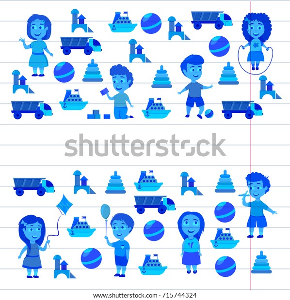 Kindergarten Vector flat\
icons for advertising brochure. Ready for your designs. Children\
play. Kindergarten kids with toys. Funny cartoon character. Vector\
illustration