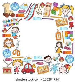 Kindergarten. Vector frame and pattern with toys and small children. Preschool education.