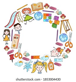 Kindergarten. Vector frame and pattern with toys and small children. Preschool education.