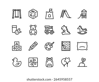 Kindergarten Vector Icon Set | Adjustable Line Weight | Swing, blocks, teddy bear, playground, train, dinosaur, puzzle, backpack, balloons, duck, toys, childhood, crayons icons