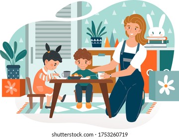 Kindergarten vector illustration. Cartoon flat happy children characters group eating breakfast, lunch or dinner food, sitting at table together, preschool education activity icon isolated on white