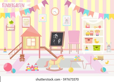 Kindergarten vector illustration. Flat design. Children's activity in the play room. Playing, education.