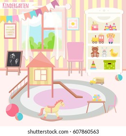 Kindergarten vector illustration. Flat design. Play room. Playing, education.