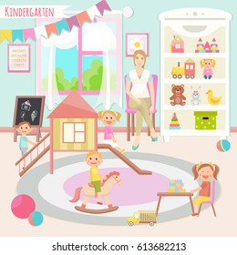 Kindergarten vector illustration. Flat design. Children's activity in the play room. Playing, education.