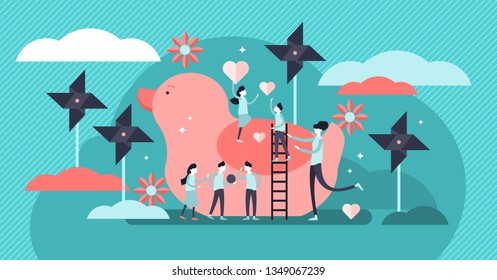 Kindergarten vector illustration. Flat tiny active children person concept. Educational elementary school for happy kids knowledge. Infant nursery outdoors playground with ball games and adult teacher