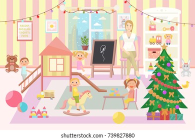 Kindergarten vector illustration.Christmas time. Children's activity in the play room. Playing, education.