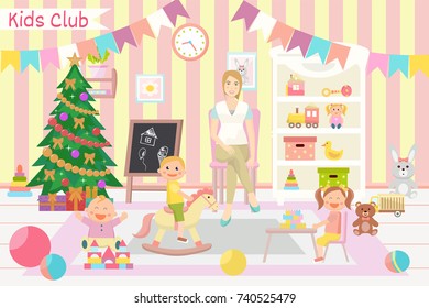 Kindergarten vector illustration.Christmas time. Children's activity in the play room. Playing, education.