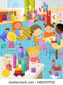 Kindergarten! Vector illustrations of children in the playroom, boys and girls play with toys, build houses from the designer and cubes, have fun. Kid's drawings for poster, background or card.
 