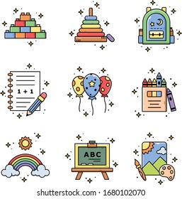 Paquete de ilustraciones de vectores de jardín de infancia con estilo de línea de color