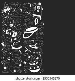Kindergarten vector pattern with toys. Children play and grow together.
