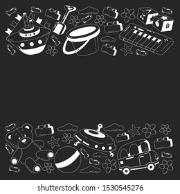 Kindergarten vector pattern with toys. Children play and grow together.