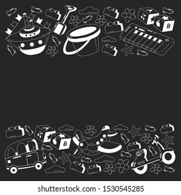 Kindergarten vector pattern with toys. Children play and grow together.