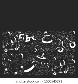 Kindergarten vector pattern with toys. Children play and grow together.