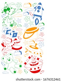 Patrón vectorial de jardín de infancia con juguetes. Los niños juegan y crecen juntos.
