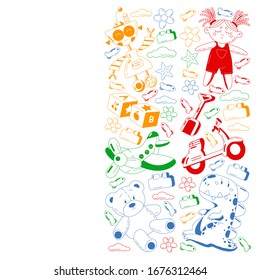Kindergarten vector pattern with toys. Children play and grow together.