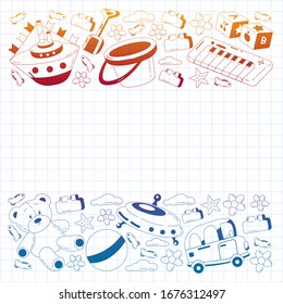 Kindergarten vector pattern with toys. Children play and grow together.