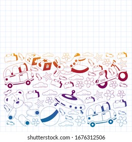 Kindergarten vector pattern with toys. Children play and grow together.