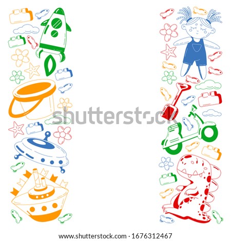 Kindergarten vector pattern with toys. Children play and grow together.