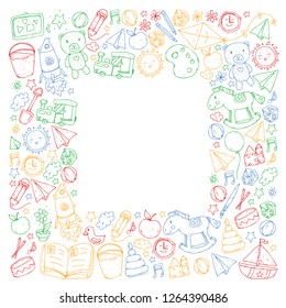 Kindergarten Vector pattern with toys and items for education.