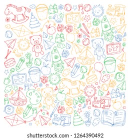 Kindergarten Vector pattern with toys and items for education.