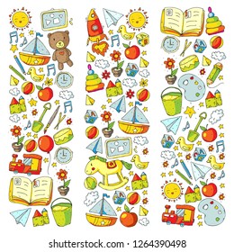 Kindergarten Vector pattern with toys and items for education.
