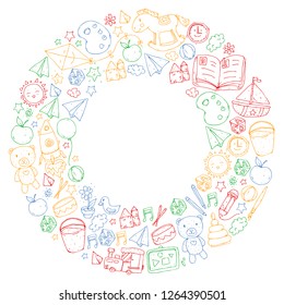 Kindergarten Vector pattern with toys and items for education.