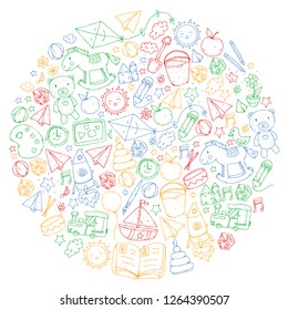 Kindergarten Vector pattern with toys and items for education.