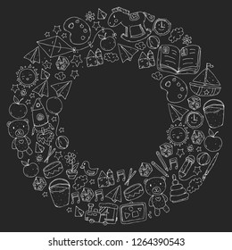 Kindergarten Vector pattern with toys and items for education.