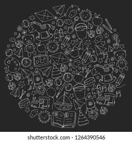 Kindergarten Vector pattern with toys and items for education.