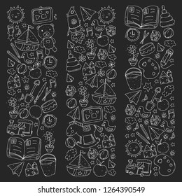 Kindergarten Vector pattern with toys and items for education.