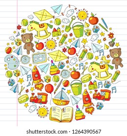 Kindergarten Vector pattern with toys and items for education.