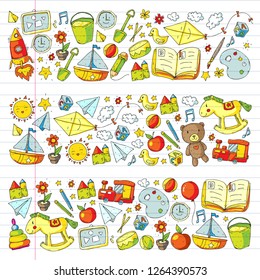 Kindergarten Vector pattern with toys and items for education.