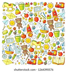 Kindergarten Vector pattern with toys and items for education.
