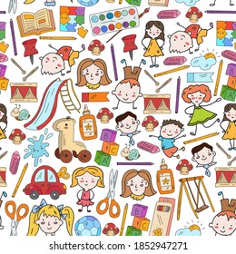 Kindergarten. Vector pattern with toys and small children. Preschool education.