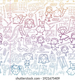 Kindergarten. Vector pattern with toys and small children. Preschool education.