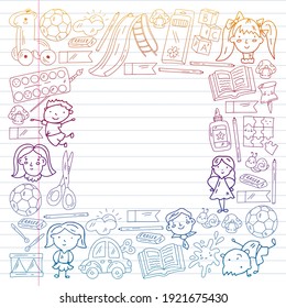 Kindergarten. Vector pattern with toys and small children. Preschool education.