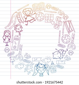 Kindergarten. Vector pattern with toys and small children. Preschool education.