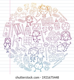 Kindergarten. Vector pattern with toys and small children. Preschool education.