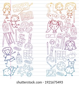Kindergarten. Vector pattern with toys and small children. Preschool education.