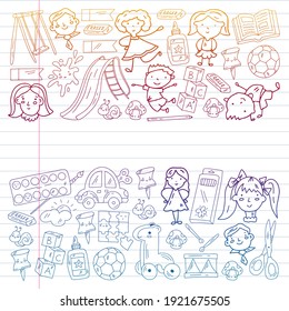 Kindergarten. Vector pattern with toys and small children. Preschool education.