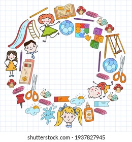 Kindergarten. Vector pattern with toys and small children. Preschool education.