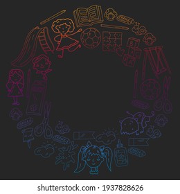 Kindergarten. Vector pattern with toys and small children. Preschool education.